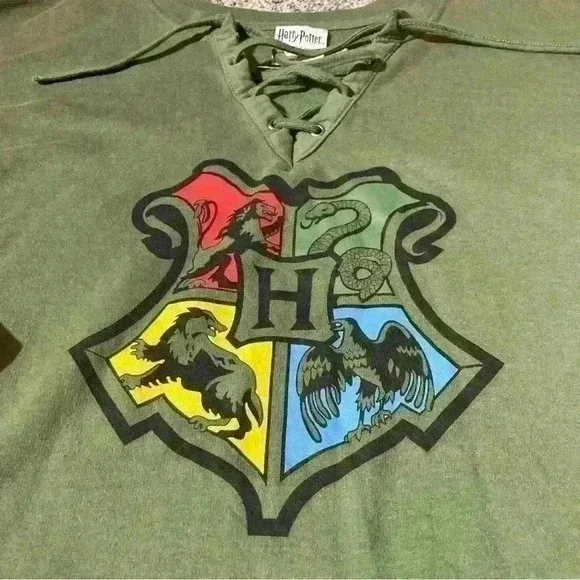 Hogwarts Womens Shirt Long Sleeve Lace Up Size S Green Harry Potter - Picture 2 of 6